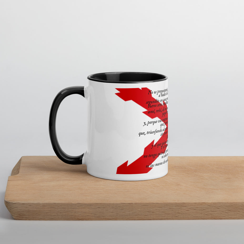 Taza Brindis de los Tercios — cerámica blanca con interior negro — vista lateral izquierda